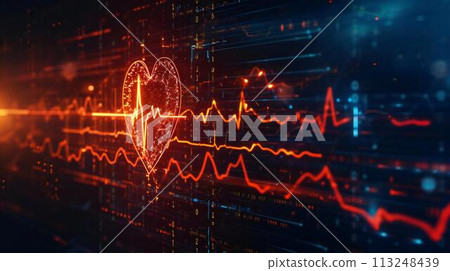 Heartbeat line and AI code. Real-time monitoring of heart health with AI 113248439