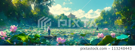 Blooming flowers Water lilies on a pond, summer time, banner 113248443