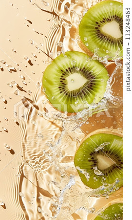 Fresh ripe sliced kiwi slices in splashes of water, healthy fruit 113248463