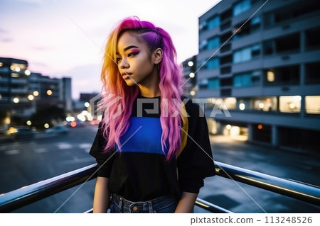 A woman with pink hair stands on a balcony in front of a building 113248526