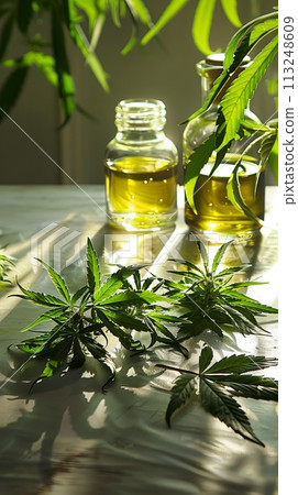 Cosmetic essence from the Cannabis plant, bottles with essence next to Cannabis leaves 113248609
