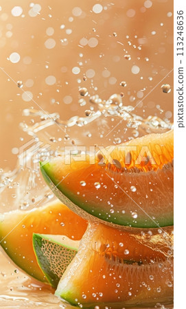 Fresh ripe sliced melon slices in splashes of water, healthy fruit 113248636