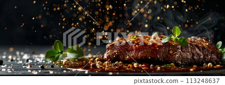 Grilled beef steak in Teriyaki sauce, delicious juicy beef steak with spices and sauce close-up on a board on a dark background, banner Grilled beef steak in Teriyaki sauce, delicious juicy beef steak with spices and sauce close-up on a board on a dark background, banner 113248637
