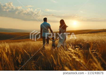 Mom and dad hold the child's hands while playing and having fun with him, happy childhood 113248678