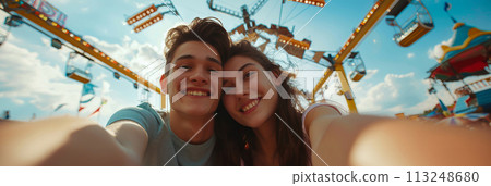 Happy young couple traveling, happy couple taking selfie against the background of a cultural tourist site 113248680