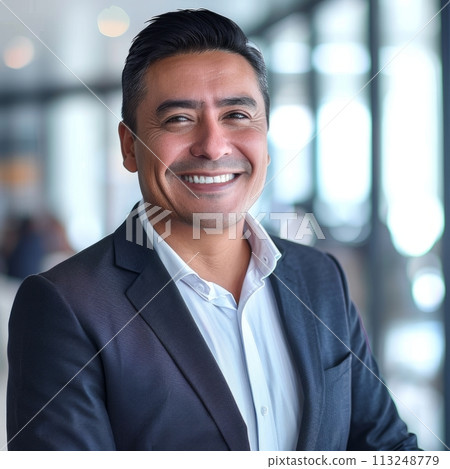 Smiling Hispanic businessman 40-50 years old, active business man in front of his office 113248779