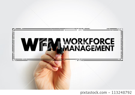 WFM - WorkForce Management is an institutional process that maximizes performance levels and competency for an organization, acronym concept stamp WFM - WorkForce Management is an institutional process that maximizes performance levels and competency for an organization, acronym concept stamp 113248792