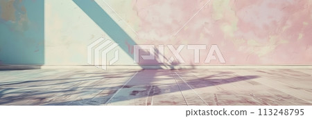 Empty floor and wall in pastel room with sun shadow from window, banner 113248795
