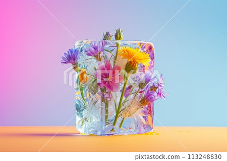 Fresh different flowers in an ice cube on a pink background, frozen flowers 113248830