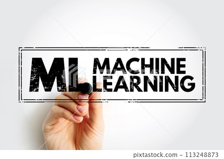 ML Machine Learning - study of computer algorithms that can improve automatically through experience and by the use of data, acronym text stamp 113248873