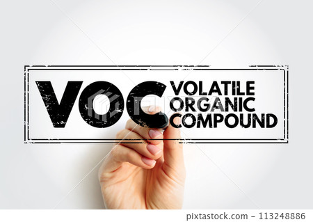 VOC - Volatile Organic Compound are organic chemicals that have a high vapour pressure at room temperature, acronym concept stamp 113248886