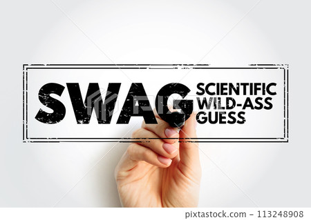 SWAG - Scientific wild-ass guess is an slang term meaning a rough estimate made by an expert in the field, based on experience and intuition, acronym text concept stamp 113248908