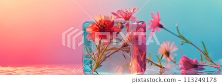 Fresh different flowers in an ice cube on a pink background, frozen flowers, banner 113249178