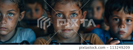 Children play computer games on TV using a game console, a child with a game console in his hands, banner 113249209