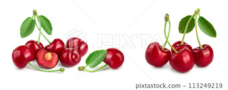 Some cherries with leaf and cut closeup isolated on white background 113249219