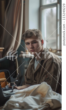 Young boy seamstress at home, the man sits at the sewing machine and looks at the camera Young boy seamstress at home, the man sits at the sewing machine and looks at the camera 113249229