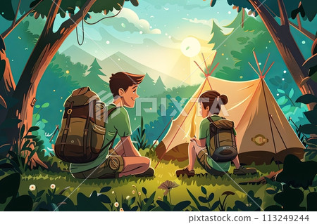 Tent camp in the forest, Boy Scouts and Girl Scouts survive in the forest, illustration 113249244
