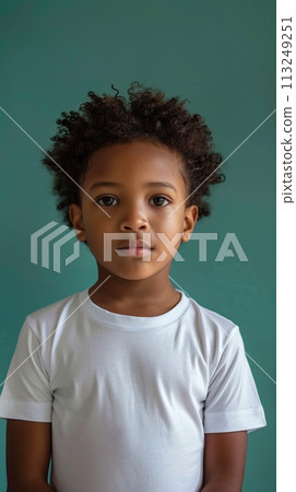 African American child 4-6 years old in a white T-shirt without a pattern against the background of a colored wall 113249251
