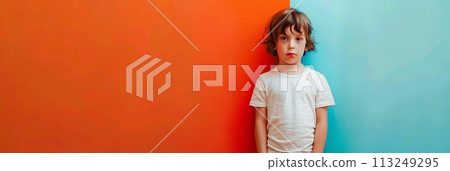 European child boy 4-6 years old in a white T-shirt without a pattern against the background of a colored wall, banner 113249295