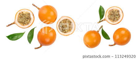 Granadilla or yellow passion fruit with leaf isolated on white background. Top view. Flat lay Granadilla or yellow passion fruit with leaf isolated on white background. Top view. Flat lay 113249320