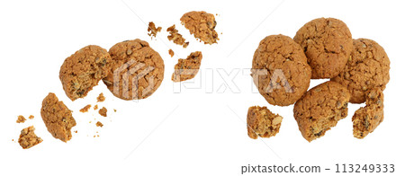 oatmeal cookies with flax, pumpkin and sunflower seeds full depth of field. Top view. Flat lay 113249333