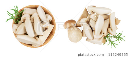 Fresh porcini cep mushroom slices in wooden bowl isolated on white background. Top view. Flat lay 113249365