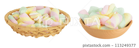 Colorful mini marshmallows in a wicker basket isolated on white background with full depth of field Colorful mini marshmallows in a wicker basket isolated on white background with full depth of field 113249377