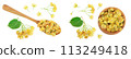 Linden flowers with leaf in wooden spoon and bowl isolated on white background. Top view. Flat lay. 113249418