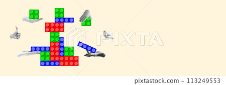 Human hands connecting puzzles, blocks symbolizing coordinated efforts in achieving business goals. Contemporary art collage. Human hands connecting puzzles, blocks symbolizing coordinated efforts in achieving business goals. Contemporary art collage. 113249553