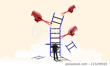Man standing near ladder with hands cutting it from different sides. Contemporary art collage. Transformation of problems and challenges into personal and professional growth Man standing near ladder with hands cutting it from different sides. Contemporary art collage. Transformation of problems and challenges into personal and professional growth 113249563
