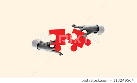 Human hands connecting puzzles symbolizing coordinated teamwork, well-planned strategy for career development and company growth. Contemporary art collage. Human hands connecting puzzles symbolizing coordinated teamwork, well-planned strategy for career development and company growth. Contemporary art collage. 113249564
