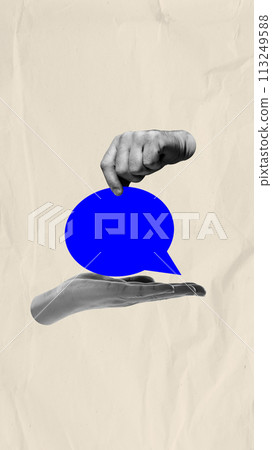 Human hands holding speech bubble symbolizing importance of clear and efficient communication in business. Contemporary art collage. 113249588