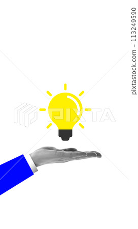 Human hand and glowing lightbulb symbolizing creature of innovative and promotional ideas in career for growing success. Power of ideas. Contemporary art collage. 113249590