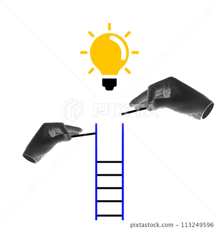 Human hand building ladder to glowing lightbulb. Stepping up to innovation and reaching new heights in career. Contemporary art collage. 113249596