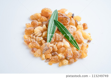 Frankincense or olibanum aromatic resin isolated on white background used in incense and perfumes. 113249749