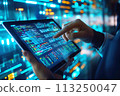 In a data center, man uses a tablet to configure servers AI Generation 113250047