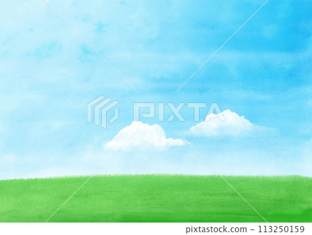 Green meadow and blue sky watercolor 113250159