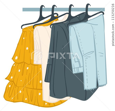 Bottom clothes, trousers and skirts, pans on rack Bottom clothes, trousers and skirts, pans on rack 113250216