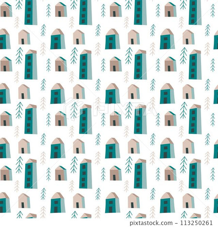 Buildings and pine trees, xmas new year pattern 113250261