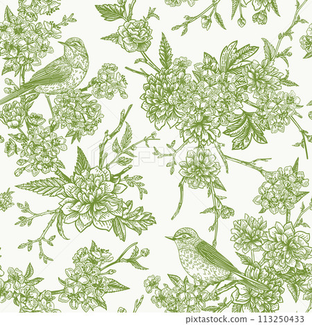 Seamless floral pattern with birds. Blooming garden trees. Vector detailed design. Green. 113250433