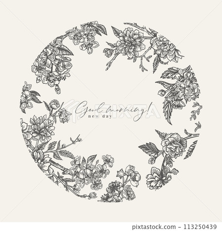 Vector round frame with spring flowers. Detailed vintage floral background. Full bloom. Kerry, hawthorn, cherry. Black and white Vector round frame with spring flowers. Detailed vintage floral background. Full bloom. Kerry, hawthorn, cherry. Black and white 113250439