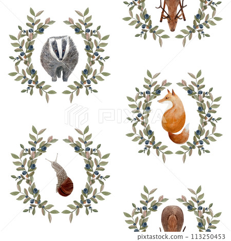 Stag, fox, badger, snail blueberry wreath watercolor seamless pattern isolated on white Stag, fox, badger, snail blueberry wreath watercolor seamless pattern isolated on white 113250453