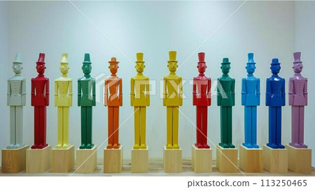 Adapting marketing strategies to personal values. Exhibition of wooden multi-colored tin soldiers 113250465