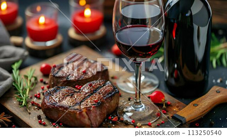 Heart-shaped beef steak accompanied by a bottle of red wine and two glasses 113250540