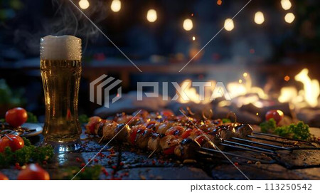 Shish kebab on a spit, decorated with aromatic spices and beer 113250542