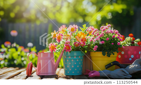 Colorful flower pots and garden accessories on wooden table. A bright background of sunny garden 113250544