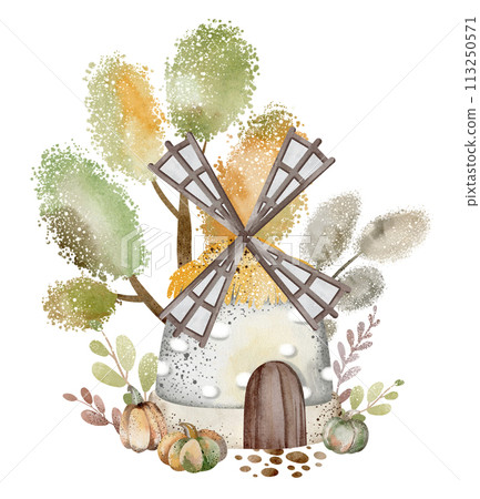 Windmill watercolor illustration. Cartoon will of rustic nature. The windmill, pumpkins and tree are hand drawn. Countryside backyard on white background. 113250571