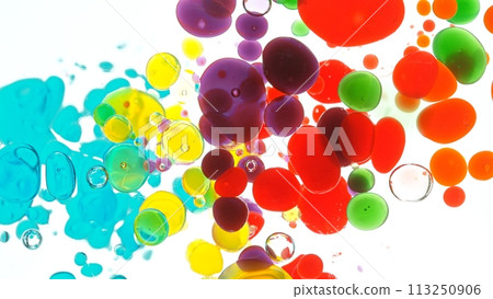 Freeze Motion Shot of Moving Color Oil Bubbles on White Background Freeze Motion Shot of Moving Color Oil Bubbles on White Background 113250906