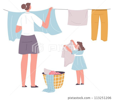 Mom hanging washed clothes, daughter helping her 113251206