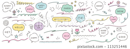 手寫語音氣泡的向量插圖集。泡泡、裝飾品、箭頭、塗鴉 113251446
